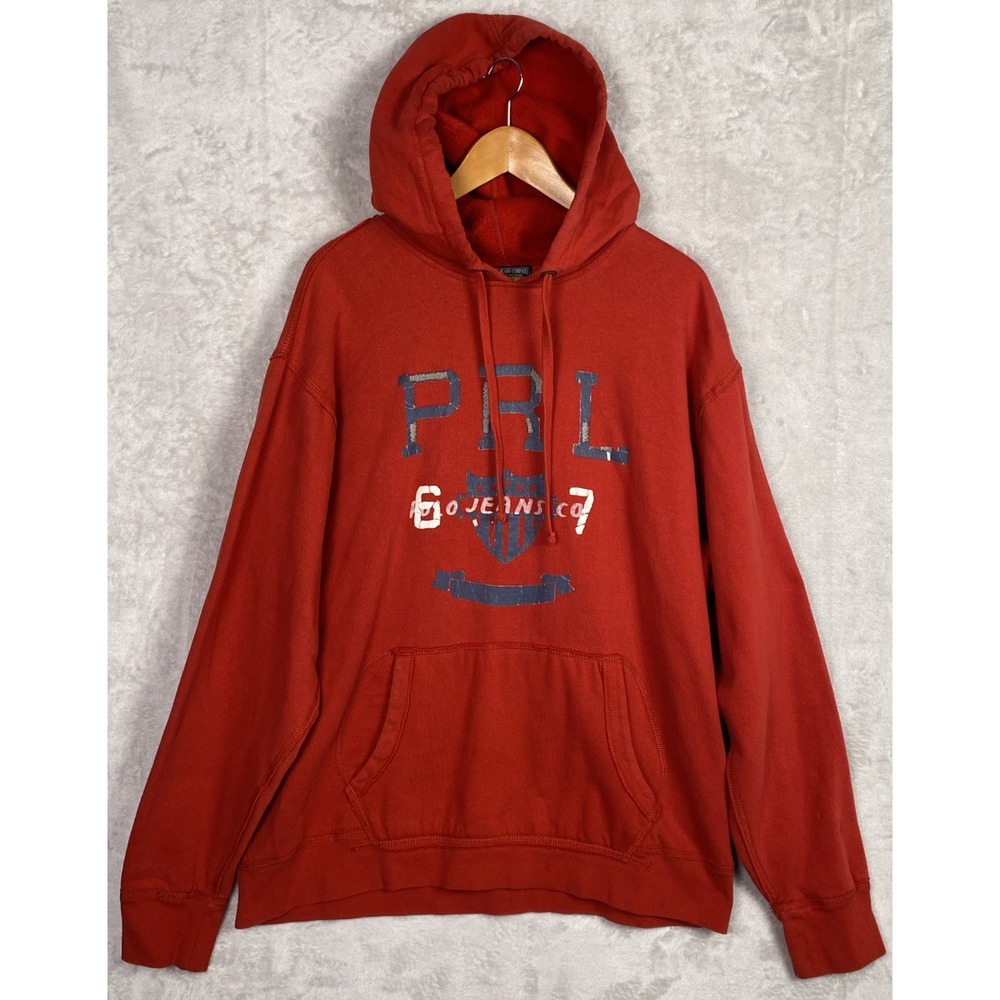 Y2K Mens Polo Ralph Lauren Hoodie XL PRL Jeans 67 Sweatshirt Red 90s Vintage 6-7